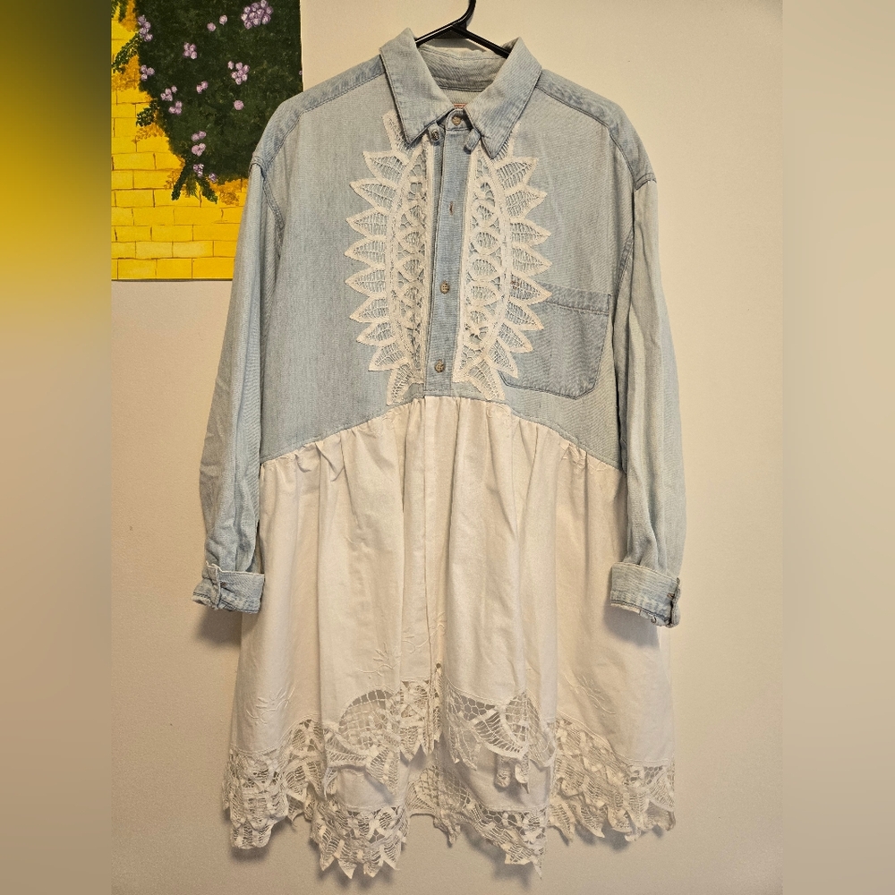 💙🤍NWOT Upcycled Denim Shirt Dress💙🤍with Lace Patchwork
